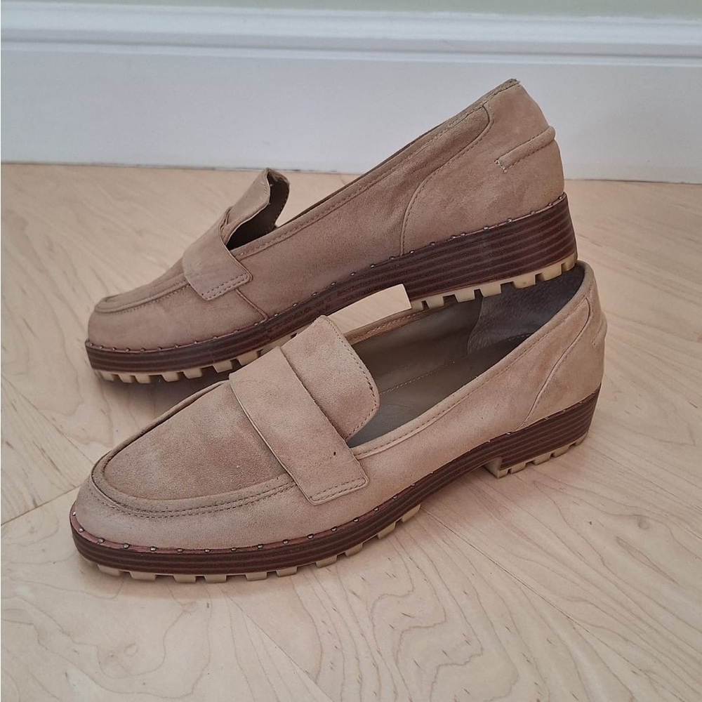Vince Camuto Taupe Suede Lug Sole Penny Loafers